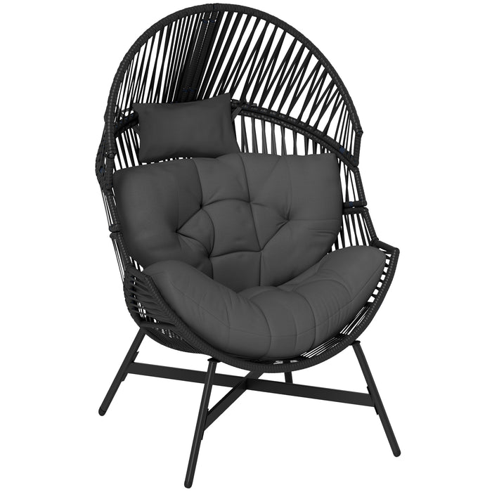 Outsunny Standing Rattan Egg Chair Outdoor, Oversized Wicker Garden Egg Chair with Thick Tufted Cushion, Headrest, Steel Frame, Charcoal Grey