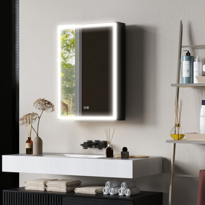 HOMCOM Bathroom Mirror Cabinet with LED Lights and Shaver Socket, 500 x 700 mm Wall Mounted Bathroom Cabinet with Mirror, Demister Pad, Dimmer, 3 Colours, Medicine Cabinet, Black