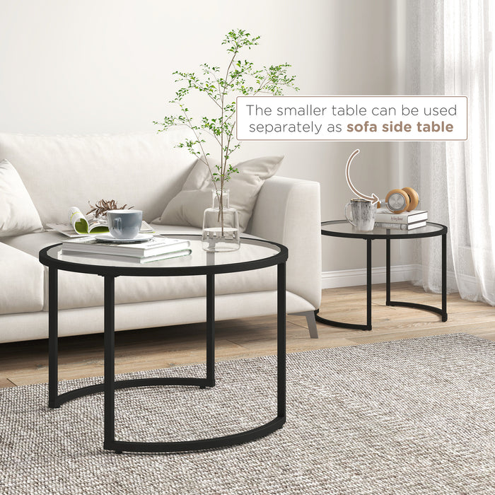 Modern Round Nesting Coffee Table Set - Tempered Glass Tabletop with Sturdy Steel Frame - Chic Side Tables for Living Room Decor, Set of 2, Black