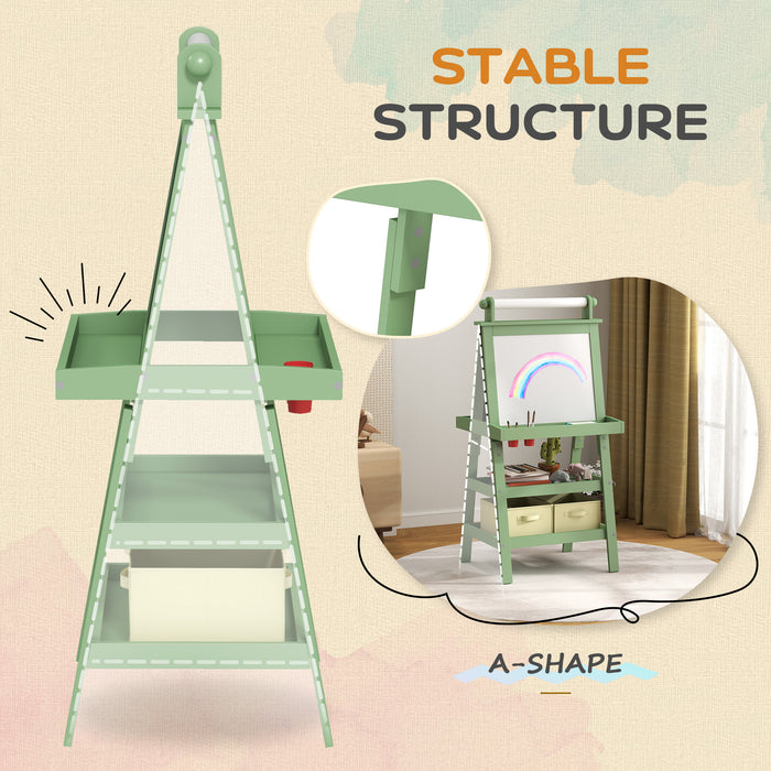 AIYAPLAY 3 in 1 Kids Easel Double-Sided Magnetic Whiteboard and Chalkboard with Paper Roll, Storage Baskets - Green | Aosom UK