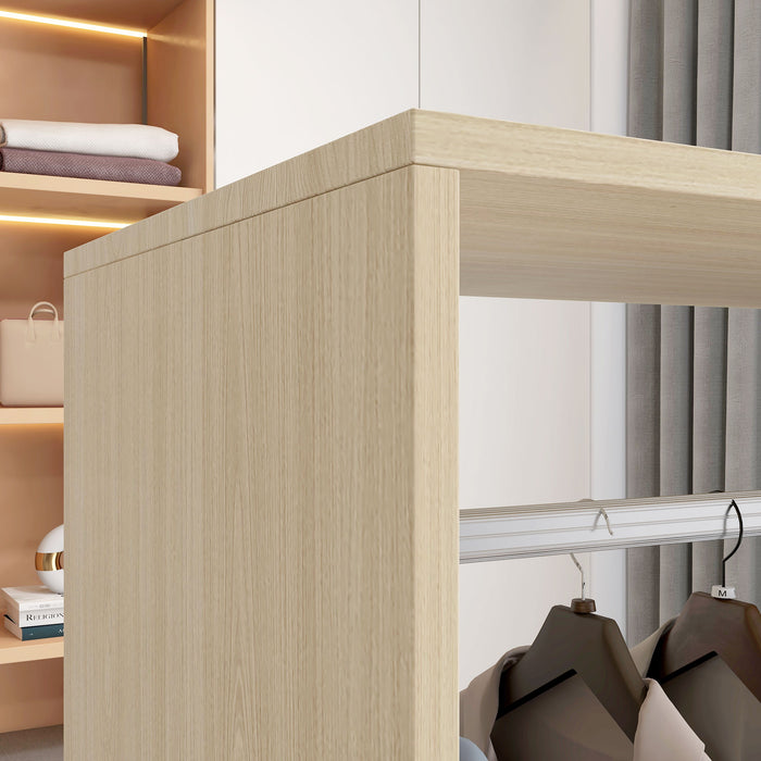 HOMCOM Open Wardrobe on Wheels, Bedroom Wardrobe with Clothes Hanging Rail, 2 Storage Shelves, Mobile Garment Rack for Cloakroom, Hallway, Natural