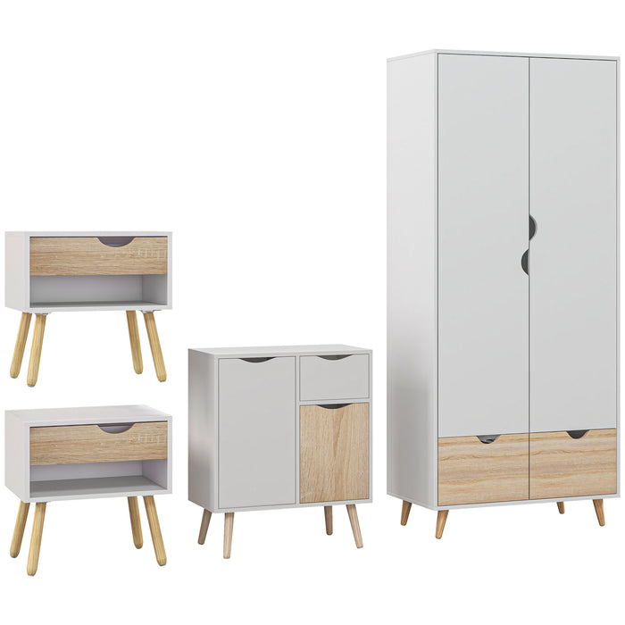 HOMCOM Bedroom Furniture Set, Wardrobe with Hanging Rail, Bedside Table, Floor Cabinet with Storage, Nature Wood Finish and White | Aosom UK
