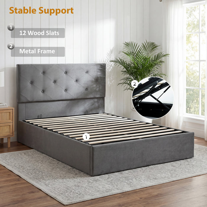 HOMCOM Double Bed Frame Gas End Lift Under Bed Storage Upholstered Platform Bed Tufted Headboard for 140 x 190 cm Mattress