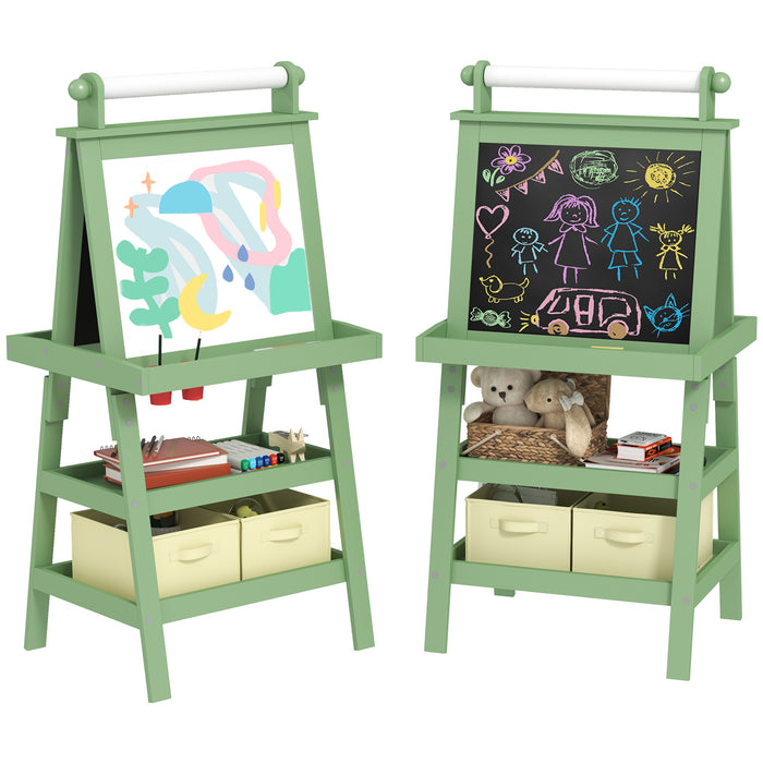 AIYAPLAY 3 in 1 Kids Easel Double-Sided Magnetic Whiteboard and Chalkboard with Paper Roll, Storage Baskets - Green | Aosom UK