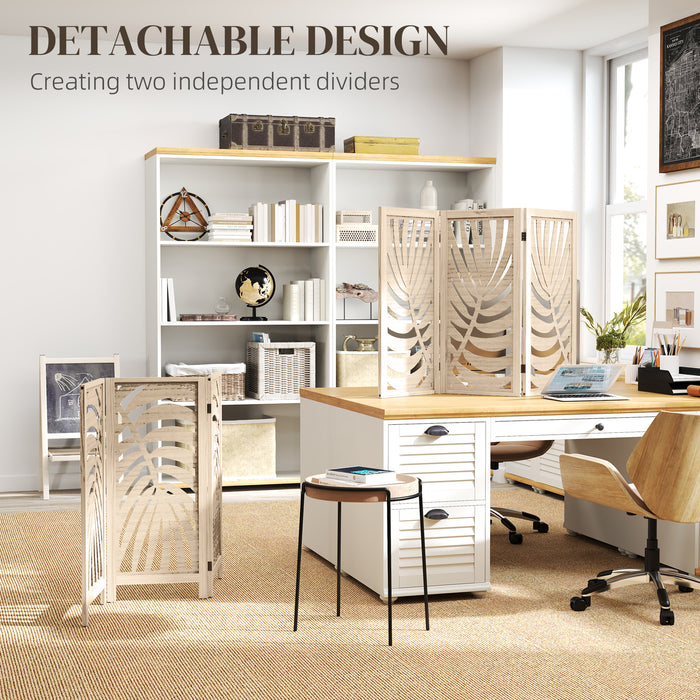 HOMCOM 3 Panel Room Divider, Detachable Folding Privacy Screens with Palm Leaf Design for Home Office, Natural Wood Finish