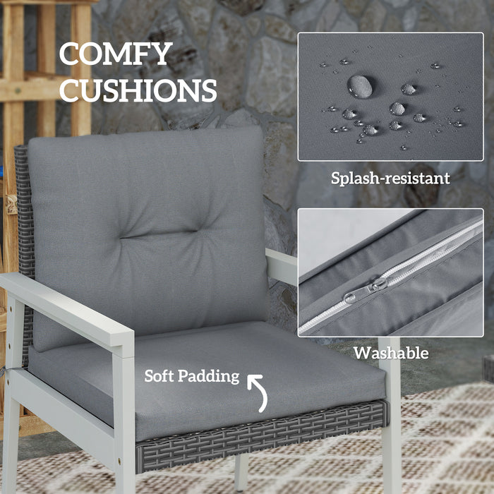 Outsunny 5 Pieces Rattan Garden Furniture Set, Patio Conversation Set with Cushions, Acacia Wood Top Coffee Table and Footstools, Outdoor Table and Chairs for Balcony, Terrace and Conservatory, Grey