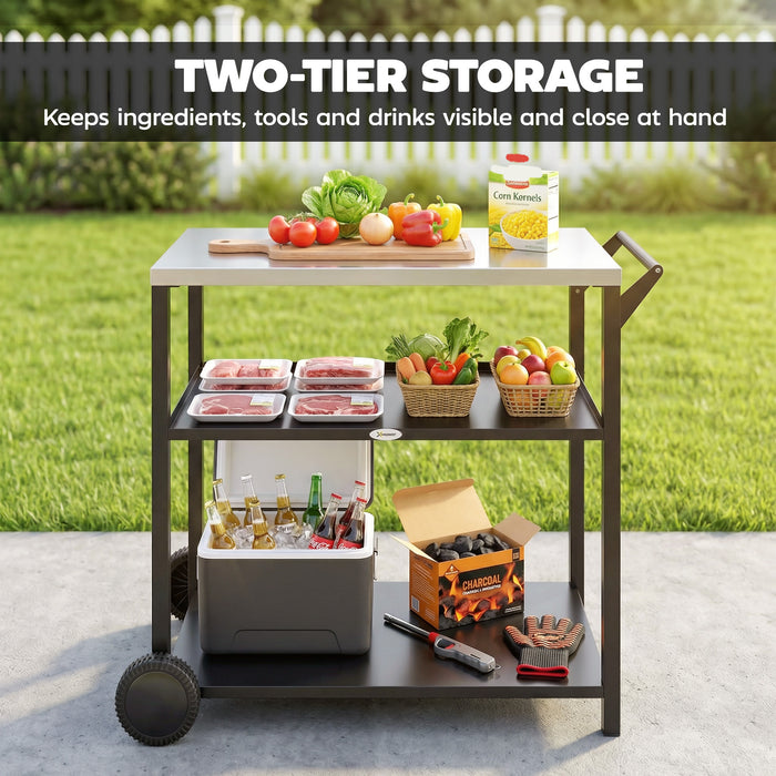 Outsunny Outdoor Grill Cart with Stainless Steel Tabletop for Kitchen Prep, Two-Tier Pizza Oven Stand on Wheels, Black