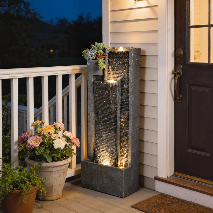 Outsunny Water Feature with LED Lights and Planter, 3-Tier Garden Water Fountain with Pump, Resin Waterfall Feature, Dark Grey