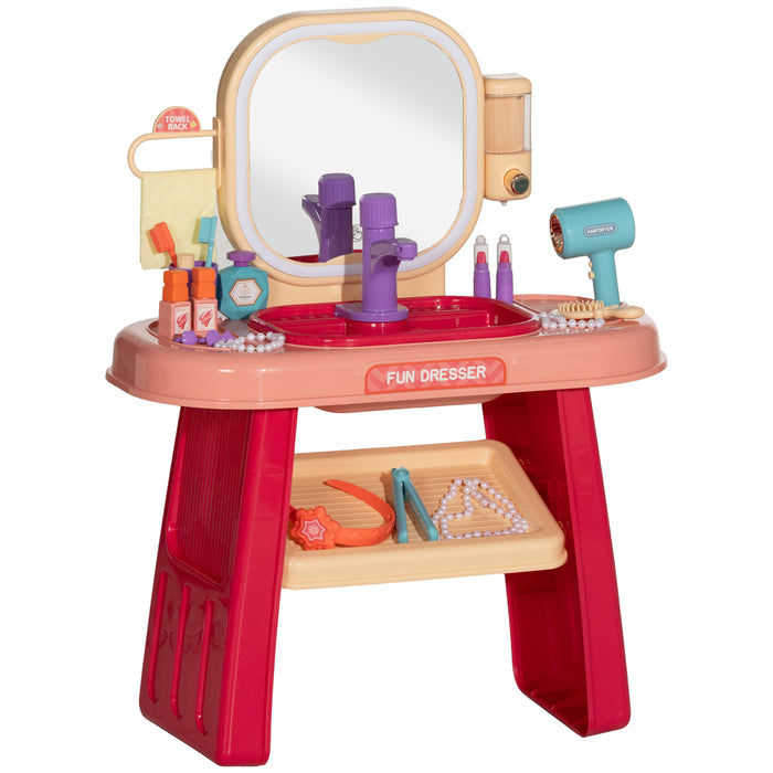 AIYAPLAY Kids Dressing Table with Mirror, LED Light, 23 Accessories, Pink | Aosom UK