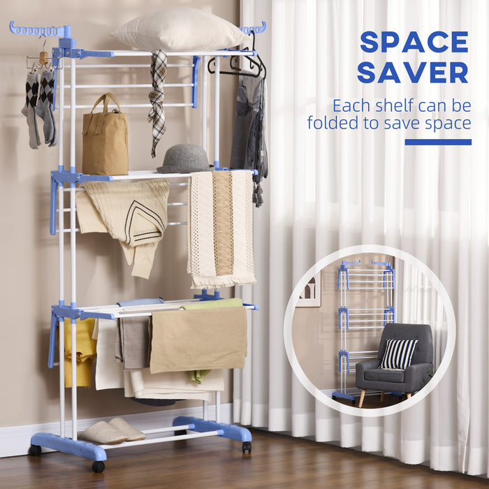 4-Tier Foldable Laundry Drying Rack - Sturdy Steel Construction with Castors, Blue - Perfect for Indoor/Outdoor Clothes Drying Needs