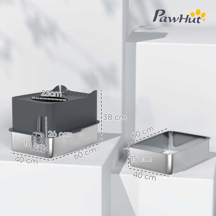 PawHut Stainless Steel Cat Litter Tray, Extra Large Enclosed Litter Box with Scoop, Top Entrance, Non-slip Pads, Dark Grey