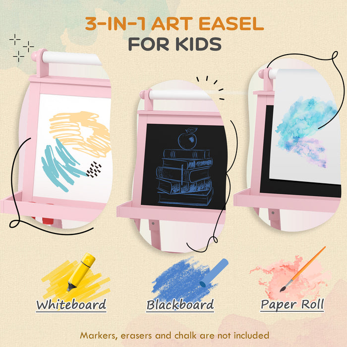 AIYAPLAY 3 in 1 Kids Easel Double-Sided Magnetic Whiteboard and Chalkboard with Paper Roll, Storage Baskets - Pink | Aosom UK