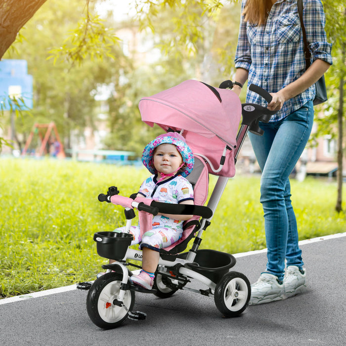 4-in-1 Baby Push Tricycle with Metal Frame and Parent Handle - Versatile Convertible Trike for Kids Aged 1-5 Years, Pink - Ideal for Active Outdoor Play and Development