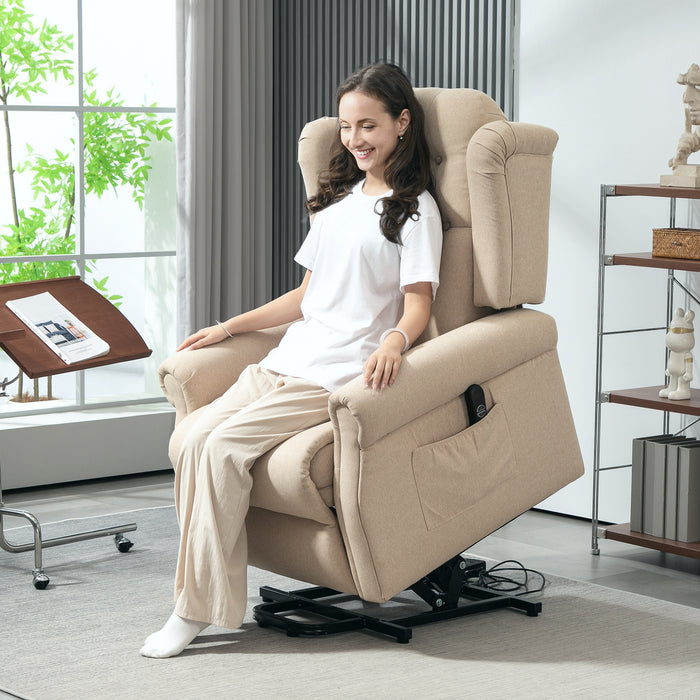 HOMCOM Power Lift Recliner Chair, Wingback Button Tufted Electric Lift Chair for Elderly, Fabric Riser and Reclining Armchair with Remote Control, Side Pockets, for Living Room, Beige