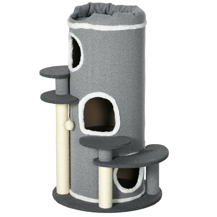 Barrel Shaped Cat Tree with Sisal Scratching Posts - Multi-Level Playground with Cat Bed & Platforms, Hanging Toy - Perfect for Scratching, Climbing, and Napping