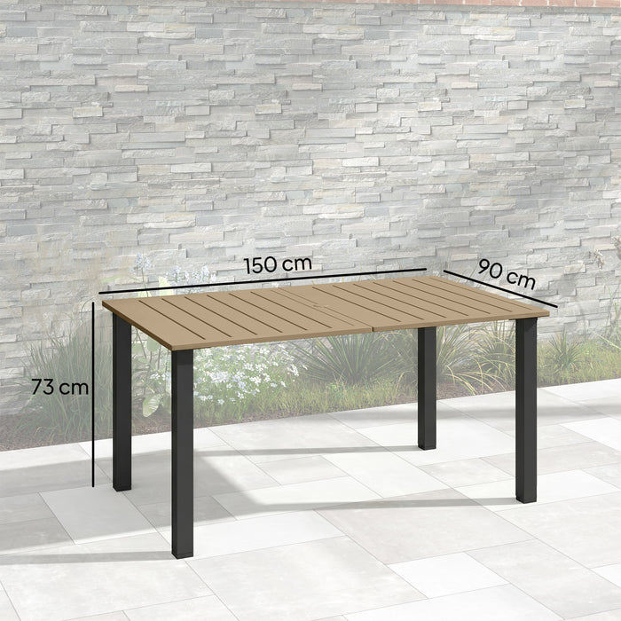 Outsunny Garden Dining Table for 6 with Parasol Hole, Rectangle Outdoor Garden Table with Slatted Metal Top, Steel Frame, Brown