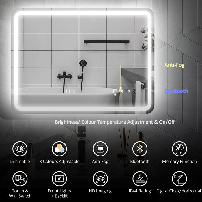 HOMCOM 60 x 80 cm Bluetooth LED Bathroom Mirror with Clock Anti-Fog - Silver Tone