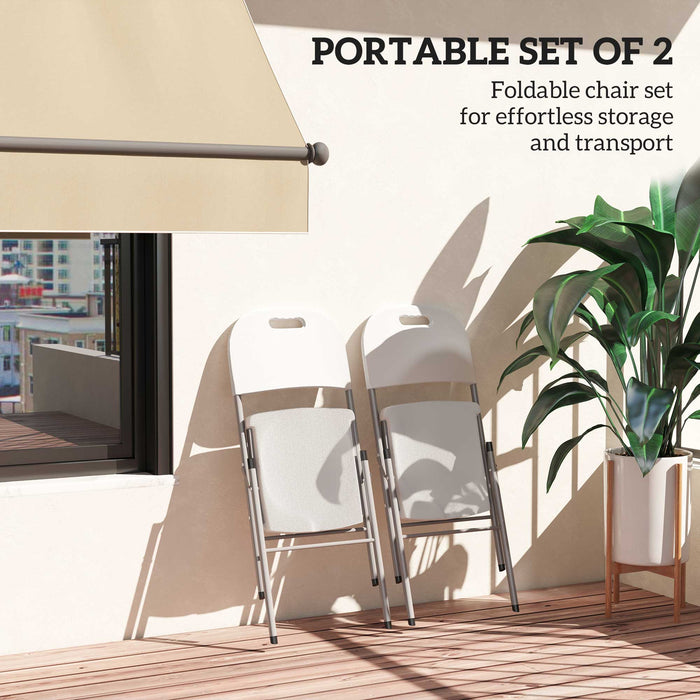 Outsunny Folding Chair Set of 2 with Steel Frame, Outdoor Chair Set with HDPE Backrest, Seat and Handles for Mobility, Garden Chair Set for Patio Deck Balcony, White