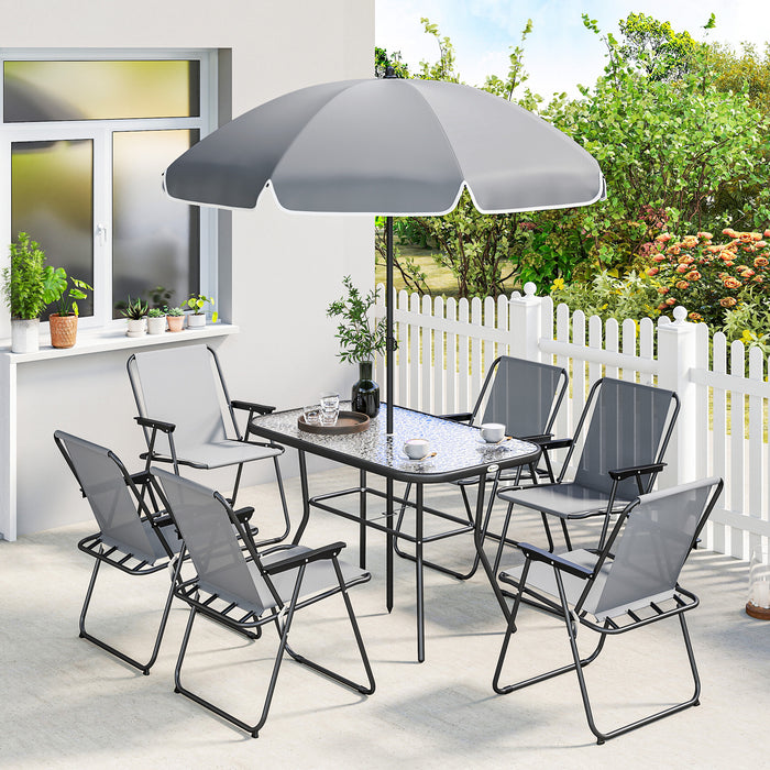 Outsunny 8 Piece Garden Dining Set with Umbrella, Garden Furniture Set with 6 Folding Chairs, Tempered Glass Table for Patio Grey