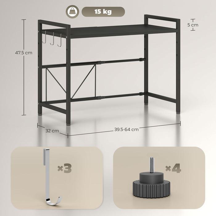 HOMCOM Expandable Microwave Oven Rack with 3 Hooks - Black