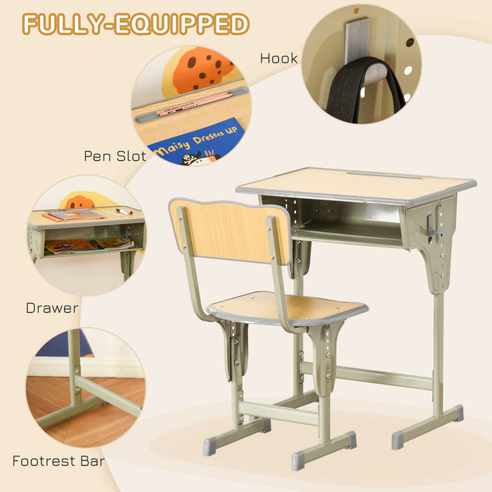 HOMCOM Height Adjustable Kids Desk and Chair Set with Storage Compartment, Bag Hook and Pen Holder, for 6-12 Years, Grey