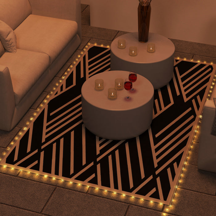 Reversible Plastic Straw RV Rug with LED Lights - Large 182 x 274cm Outdoor Mat in Black and Coffee - Ideal for Campers & Patio Lighting Decor