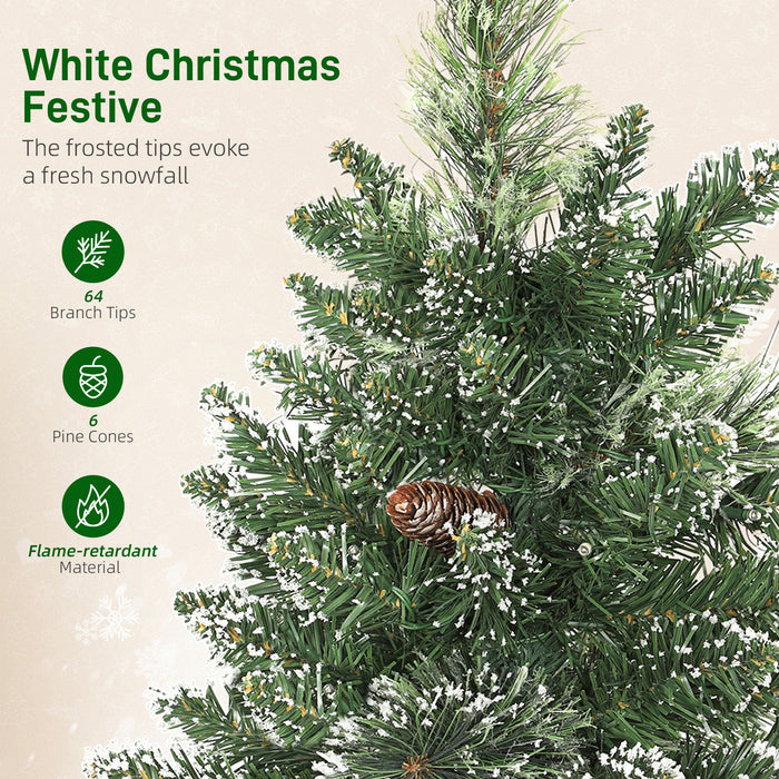 HOMCOM 60 cm Prelit Small Christmas Tree, Snow Flocked Tabletop Mini Xmas Tree with 35 LED Lights, Pine Cones and Linen Cover Base, Battery Operated, Green