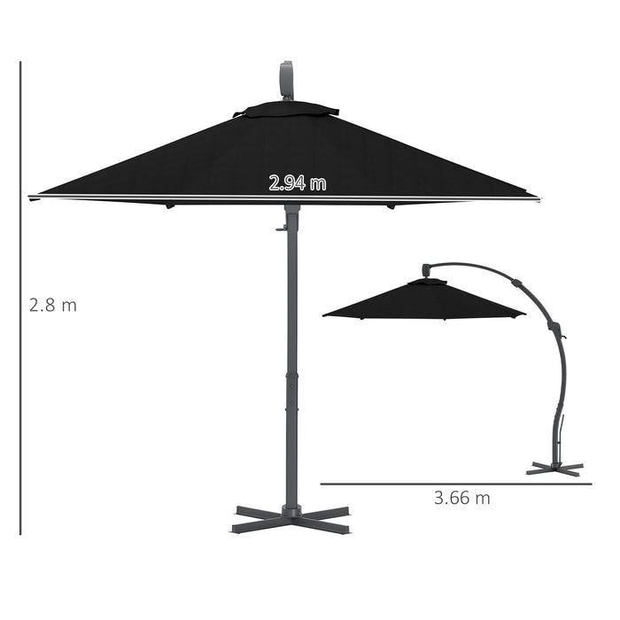 Outsunny 3(m) Garden Cantilever Parasol, Round Overhanging Umbrella with Crank Handle, Cross Base, Aluminium Frame and 360° Rotation, Banana Patio Umbrella for Outdoor Sun Shade, Black