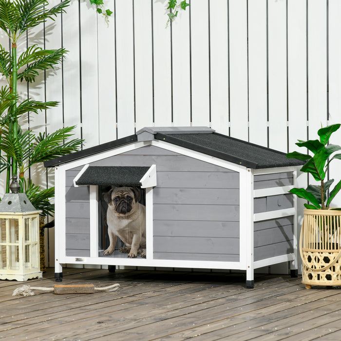 PawHut Large Wooden Dog Kennel with Openable Top, Asphalt Roof, Windows, Curtain, Removable Tray, Adjustable Legs, Grey