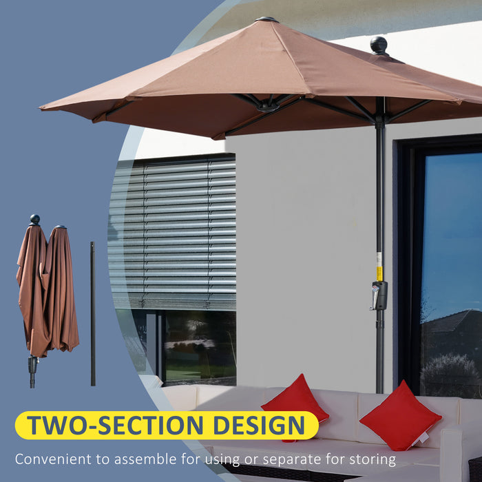 Half Parasol Market Umbrella - 2m Double-Sided Canopy with Crank Handle and Base for Garden and Balcony - Sun-shielding Coffee-Colored Shade for Outdoor Spaces