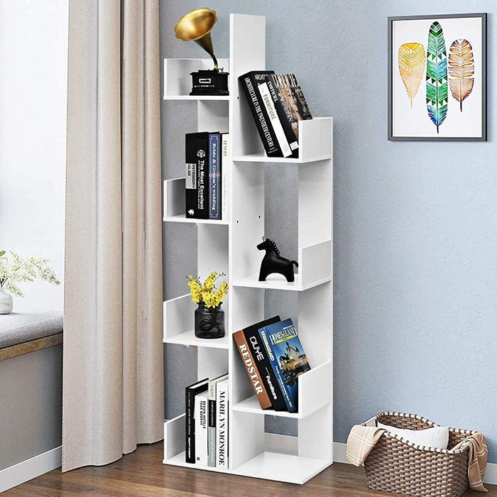 Tree Shaped Bookshelf - 8-Tier Floor Standing Unit in White - Ideal for Space Saving and Organization