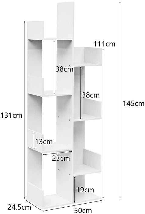 Tree Shaped Bookshelf - 8-Tier Floor Standing Unit in White - Ideal for Space Saving and Organization