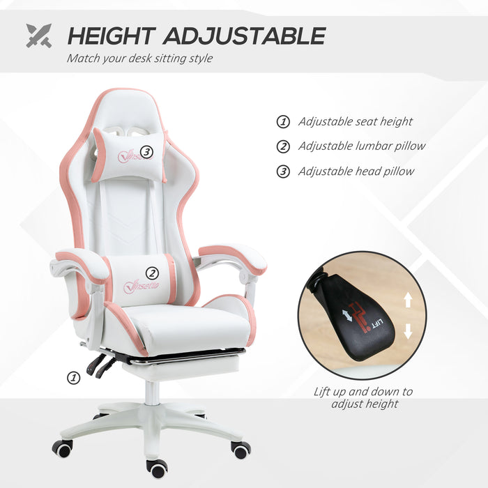 Racing Gaming Chair - Reclining PU Leather Desk Chair with Swivel, Footrest & Removable Headrest - Ergonomic Design for Gamers, White & Pink