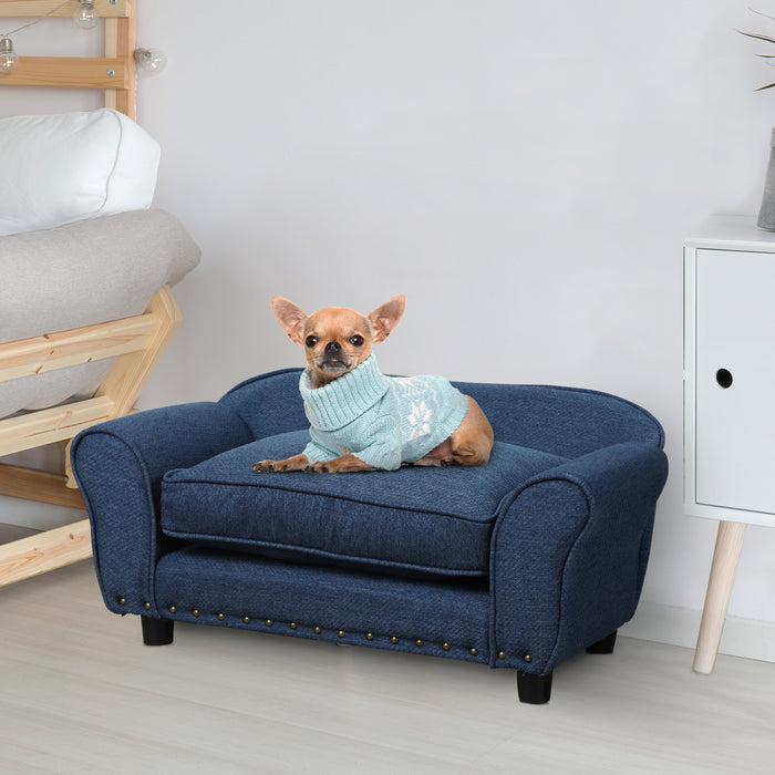 Pet Chair Couch for Extra Small & Small Dogs - Thick Sponge Padded Cushion & Washable Cover Kitten Lounge Bed - Durable Wooden Frame in Stylish Blue