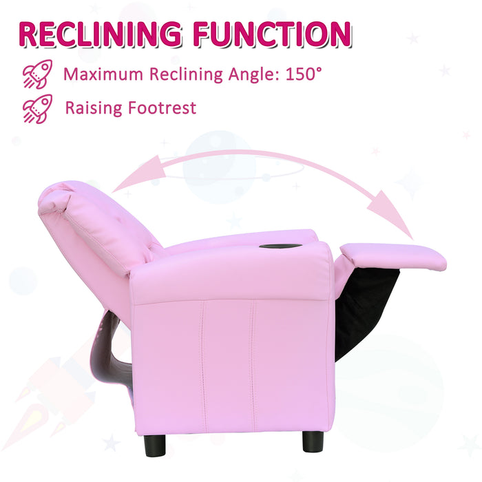 Kids' Cozy Reclining Chair with Refreshment Cupholder - Comfy Pink Armchair for Children - Perfect for Reading & Relaxation Spaces