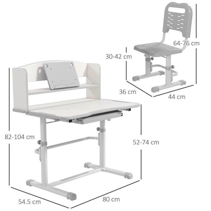 Kids' Ergonomic Study Desk Set - Height Adjustable with Drawer & Storage Shelf, 80x54.5x104cm - Ideal for Children's Homework and Craft Space, Grey