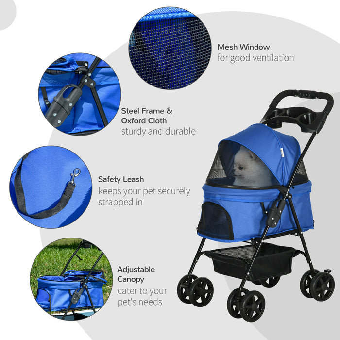 Pet Stroller - Dog & Cat Travel Pushchair with One-Click Folding, EVA Wheels, Brake System, and Adjustable Canopy - Safe and Comfortable Blue Trolley for Pet Jogging and Transport