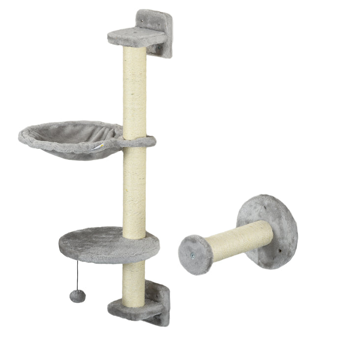 Cat Haven - 4-Piece Wall-Mounted Lounging Set with Hammock, Perches, Ladder & Scratcher in Grey - Ideal for Playful and Restful Pets
