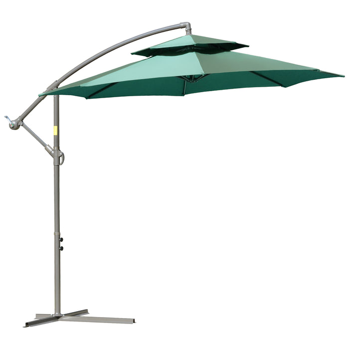 Banana Parasol Cantilever Umbrella - 2.7m with Crank Handle, Double Tier Canopy, Cross Base, Outdoor Hanging Sun Shade - Ideal for Patio, Backyard or Poolside Shade in Green