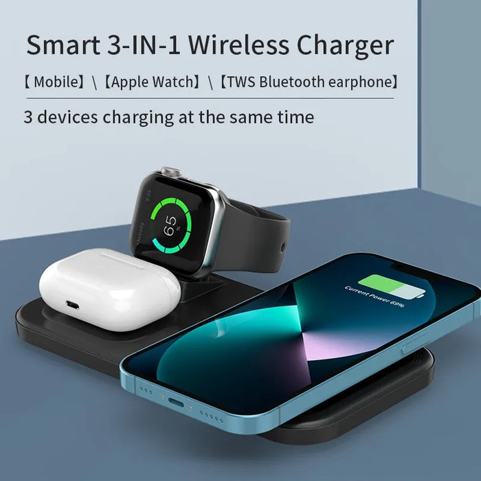 Bakeey 3 in 1 15W - Wireless Charger Desktop Stand, Fast Charging, Foldable Bedside Universal Compatibility - Ideal for iPhone 14 Pro Max, Apple Watch, and Earphones