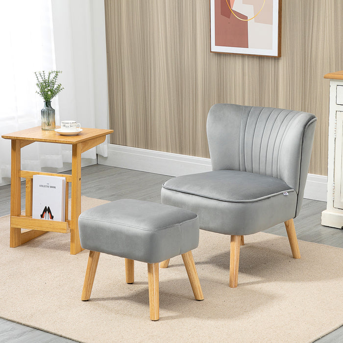 Velvet Tub Chair with Ottoman - Padded Occasional Accent Seat with Curved Back and Wooden Legs - Stylish Seating for Home Comfort in Light Grey