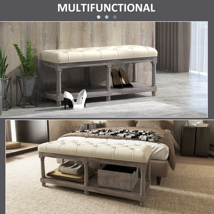 Vintage-Style Cream White Shoe Rack Bench - 2-Tier Storage with Button Tufted Upholstered Cushion - Wooden Entryway Bench for Hallway and Living Room