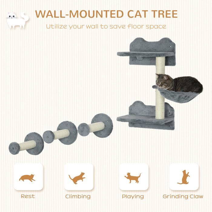 Cat Scratcher Haven - 4-Piece Wall-Mounted Cat Shelf with Scratching Post, Indoor Cat Tree - Perfect Climbing & Lounging Solution for Felines in Grey