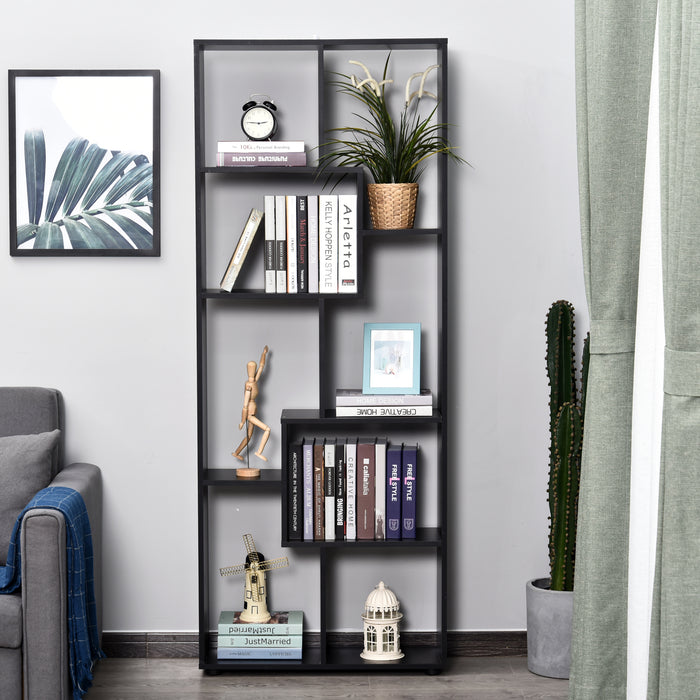 Freestanding 8-Tier Bookcase with Melamine Surface - Modern Black Home Display Storage Unit with Anti-Tipping Foot Pads - Ideal for Organized Book Lovers and Display Enthusiasts