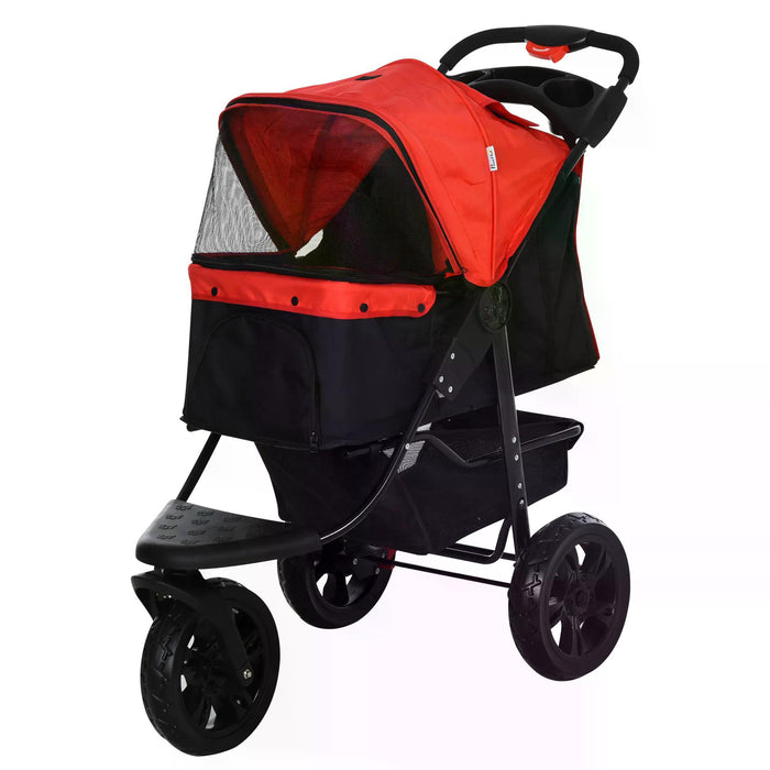 Oxford Cloth Pet Stroller - 3-Wheel Folding Dog Trolley in Red/Black - Convenient Pet Transport for Walks and Travel