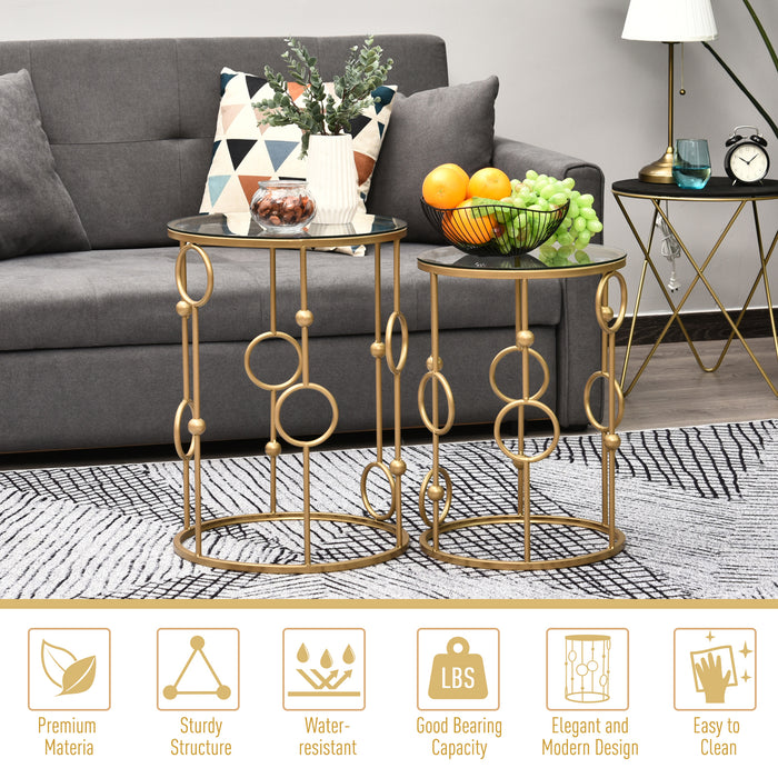 Gold Nesting Coffee Table Duo - Set of 2 Round Tables with Tempered Glass Top & Steel Frame - Elegant Space-Saving Furniture for Living Room