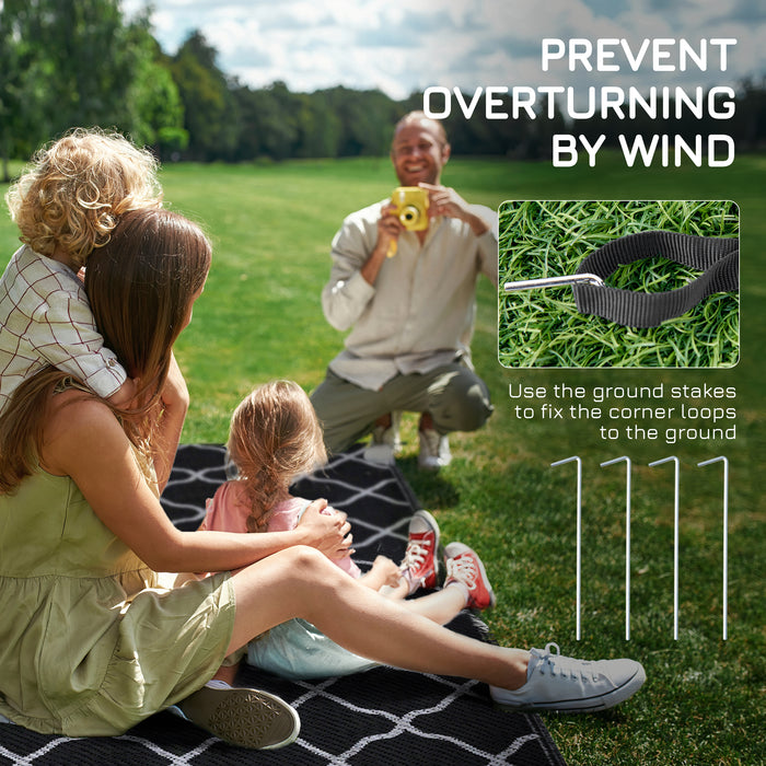 Reversible Plastic Straw Outdoor Rug - Includes Carry Bag & Ground Stakes, 182x274cm in Black - Ideal for Garden, RV, Picnic, Beach, and Camping Use