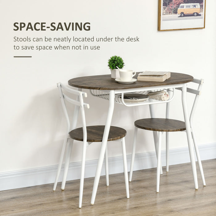 Oval 3-Piece Dining Set with Storage Shelf - Kitchen Table and 2 Chairs, Natural Finish and Sturdy Steel Frame - Ideal for Small Spaces & Cozy Dining