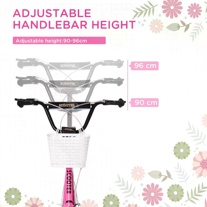 Kids Kick Scooter - Adjustable Handlebar, Dual Brakes, Basket, Cupholder, Mudguard, 16" Inflatable Rubber Tires in Pink - Fun and Safe Ride for Children and Teens