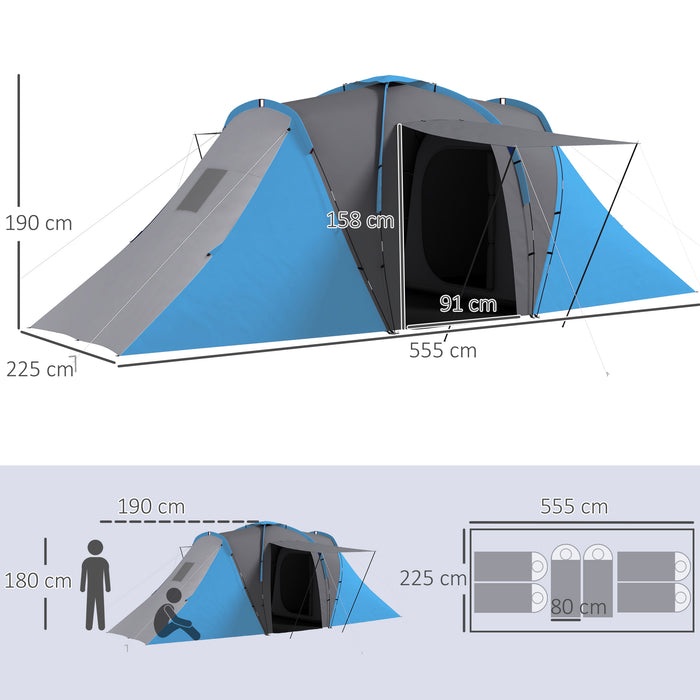 Tunnel Camping Tent with Dual Bedrooms and Central Living Space - 2000mm Waterproof and Portable Shelter for 4-6 People - Ideal for Family Camping and Outdoor Adventures